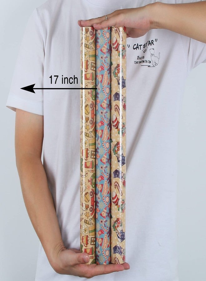Aimyoo Kraft Christmas Wrapping Paper Set, Vintage Kids Xmas Gift Wrap Paper 3 Rolls, Stockings Santa Deers Candy Canes Snowman Designs,17 in x 10 ft per Roll - Image 3